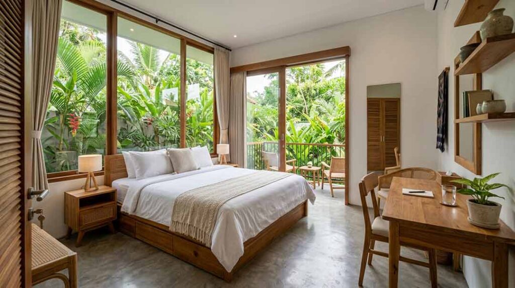 A sunlit, modern guesthouse bedroom in Bali featuring wooden furniture, a double bed, a work desk, and floor-to-ceiling windows overlooking lush tropical greenery.