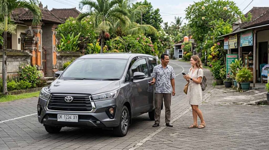 A tourist talking to a local driver standing beside a dark grey MPV on a quiet paved road in inland Bali.A tourist talking to a local driver standing beside a dark grey MPV on a quiet paved road in inland Bali.