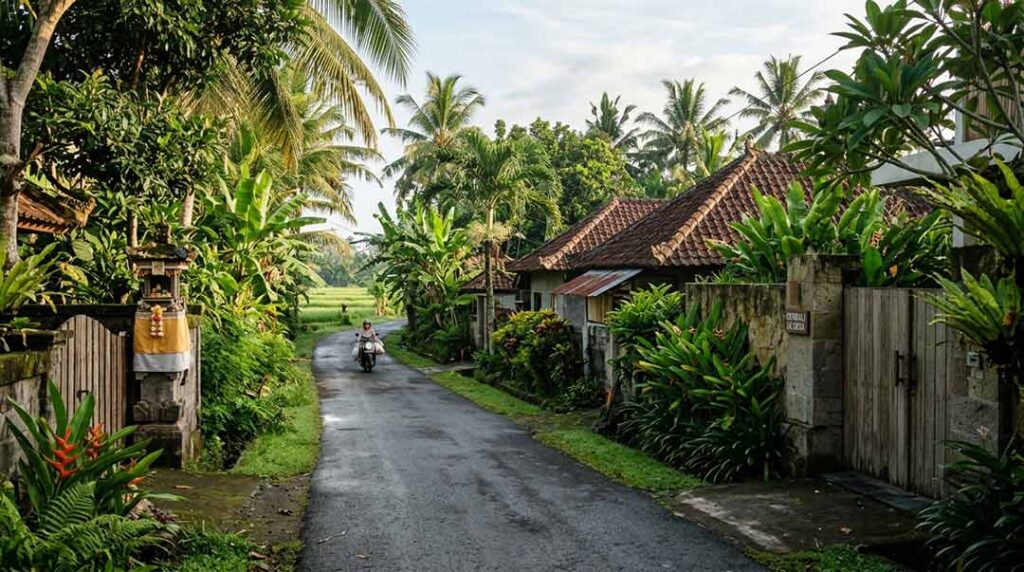 A quiet paved village road in inland Bali surrounded by palm trees, lush greenery, stone shrines, and traditional houses, with a distant scooter rider