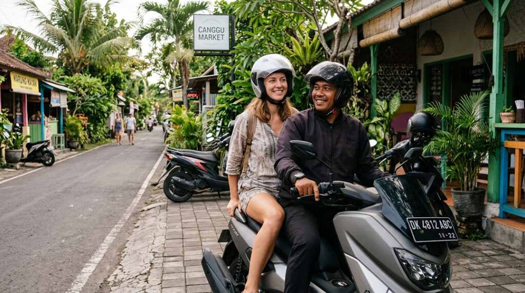 An international tourist wearing a safety helmet sits as a passenger behind a local driver on a motorcycle parked along a tropical street in Canggu, Bali.