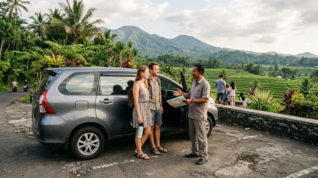 A couple talking with their local private driver next to a modern silver MPV at a scenic roadside viewpoint overlooking Bali's rice terraces and green hills.