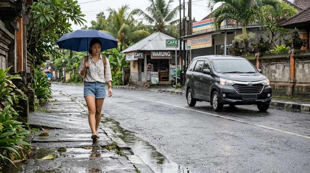 A traveler walking with an umbrella along a wet, reflective street in Bali while a modern passenger MPV passes by in overcast rainy weather.