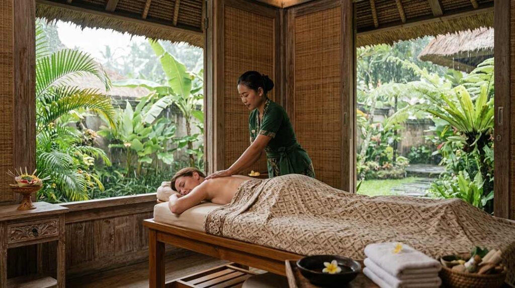 A woman receiving a back massage in a traditional Balinese spa room with an open window view of a rainy tropical garden.