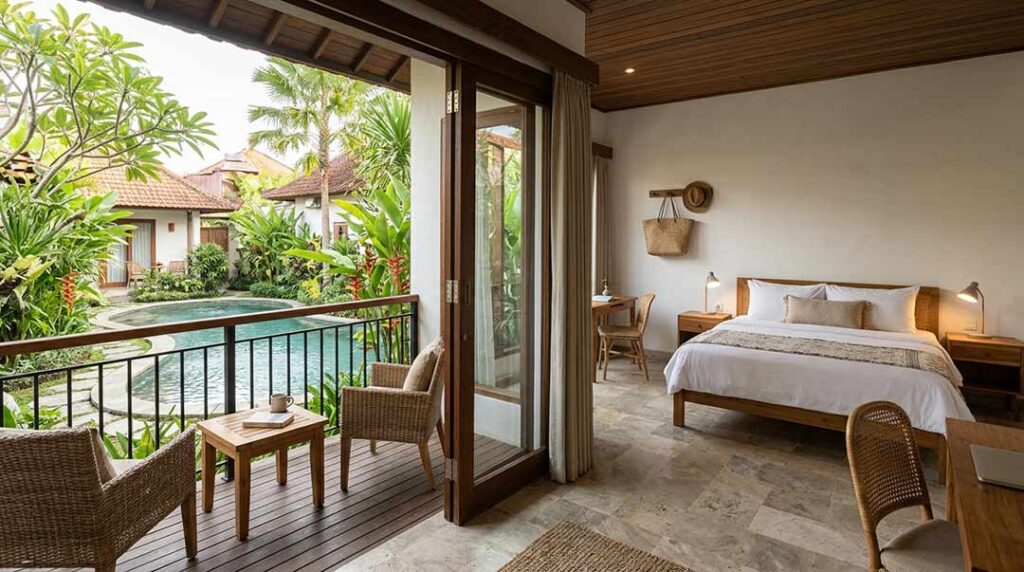 A comfortable boutique guest room and private balcony overlooking a tropical garden and swimming pool in Bali.