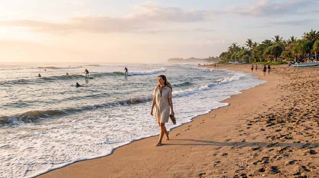 A woman walking barefoot along the golden sandy shore in Canggu, Bali, with surfers in the gentle morning waves.