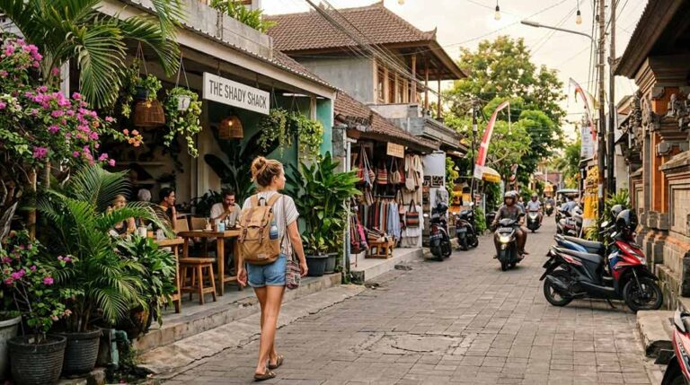 A solo traveler with a backpack walking down a charming street in Canggu, Bali, past tropical cafes, local shops, and scooters under warm daylight.