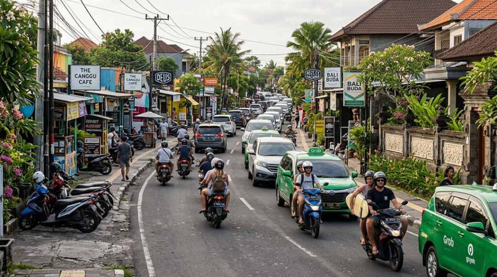 A busy street in Canggu, Bali, filled with scooters, cars, and ride-hailing vehicles passing local cafés and shops.