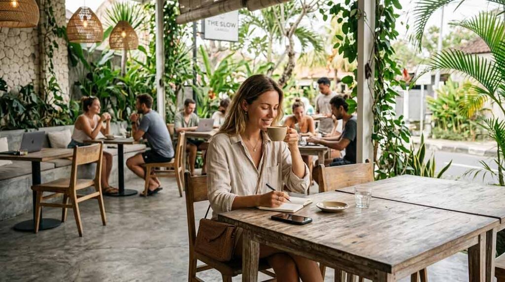 A woman drinking coffee and writing in a journal at an open-air café table in Canggu, Bali.