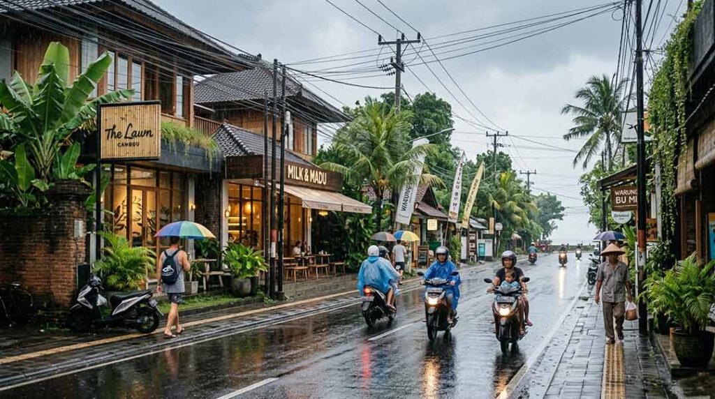People walking with umbrellas and riding motorbikes on a wet street lined with modern cafés in Canggu, Bali.