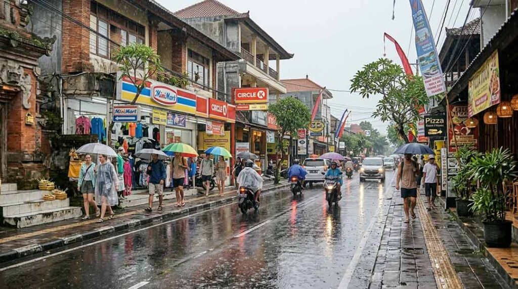 Pedestrians with umbrellas walking along a wet street with convenience stores and shops in Kuta, Bali.