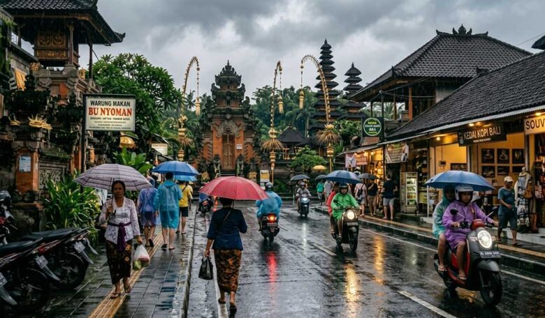 People walking with umbrellas and riding scooters on a rainy street in Bali with a traditional temple background.