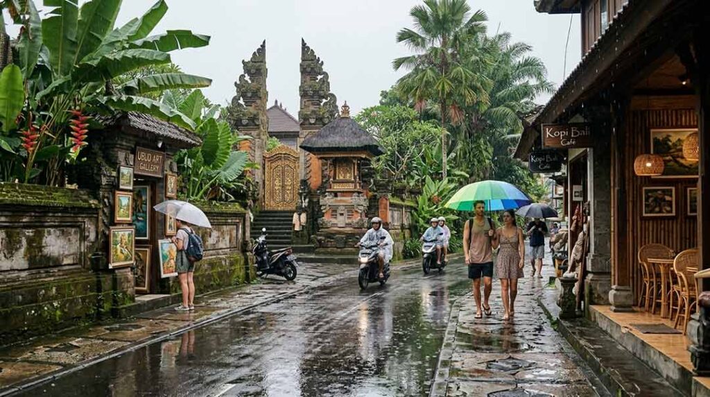 Tourists walking with umbrellas along a wet street in Ubud past traditional temple gates and art galleries.