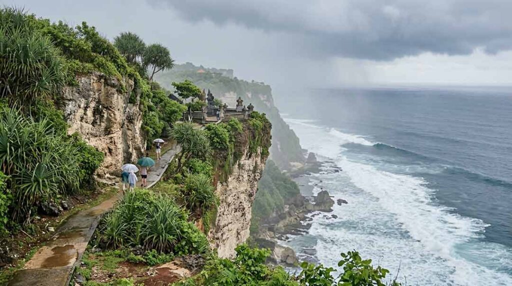 Visitors carrying umbrellas along a cliffside path at Uluwatu Temple in Bali on a rainy day.