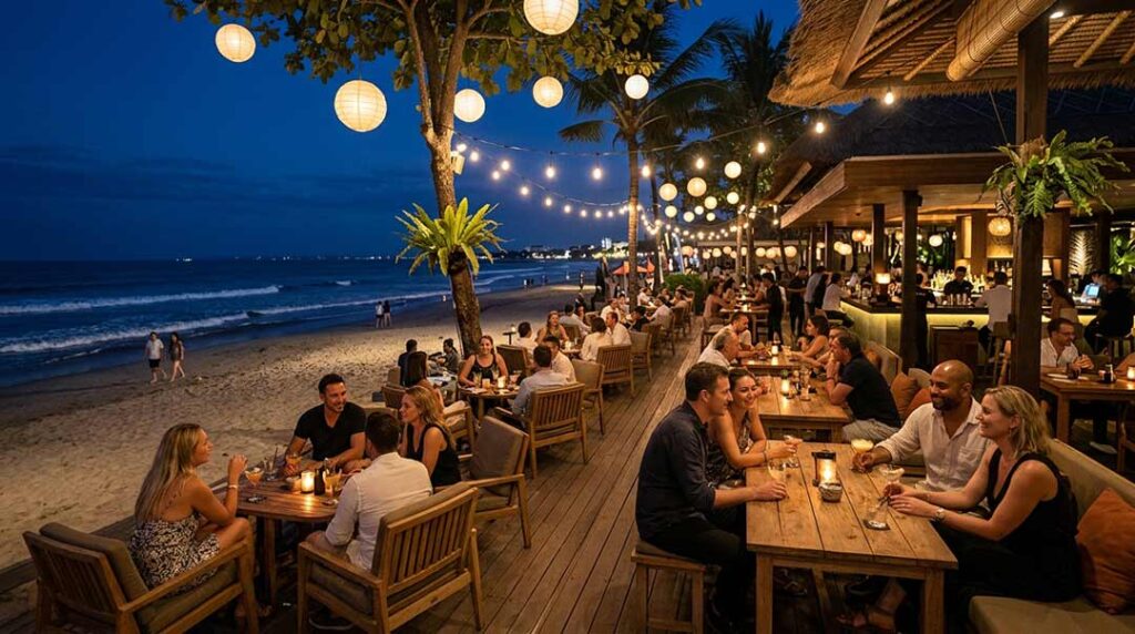 An aerial view of a busy beachfront restaurant in Seminyak, Bali, at night, featuring a wooden deck, string lights, many patrons, and the dark ocean