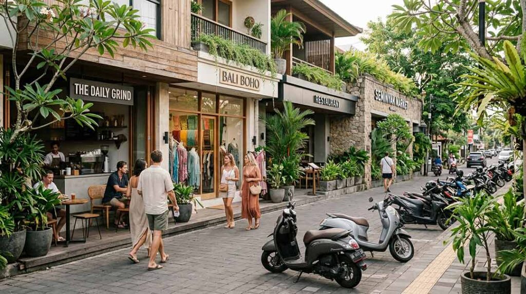 Visitors strolling past stylish boutiques, cozy open-air cafes, and tropical plants on a walkable commercial street in Seminyak, Bali.