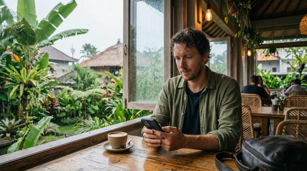 A male traveler sitting at a wooden table in a Bali café, checking his smartphone next to a cup of coffee on a rainy day.