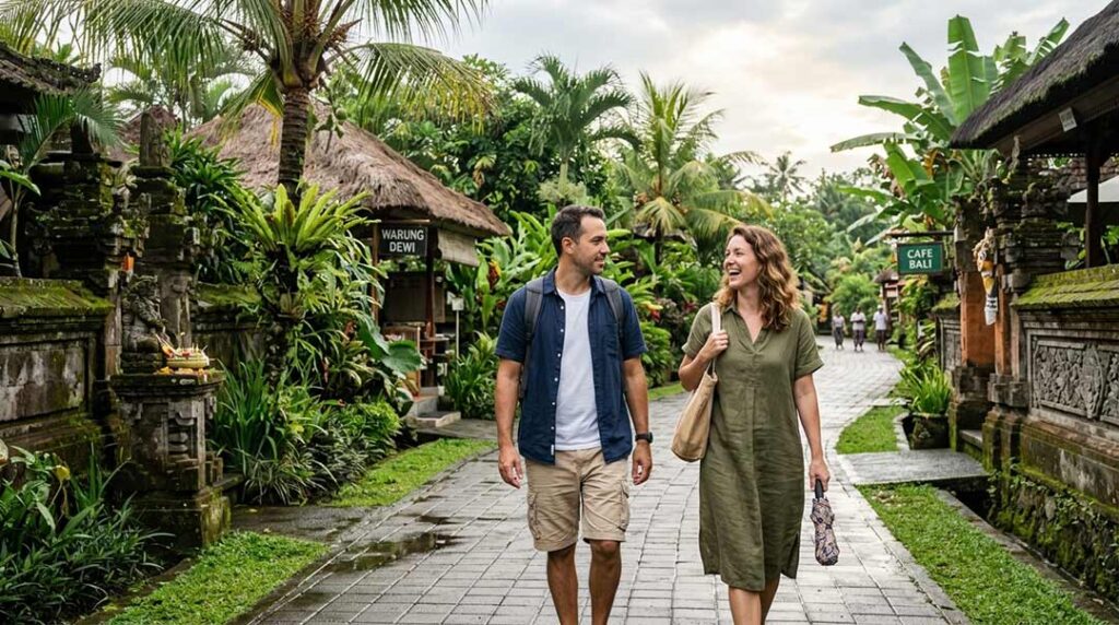 A man and a woman walking side-by-side on a damp stone pathway lined with tropical greenery and Balinese stone walls.