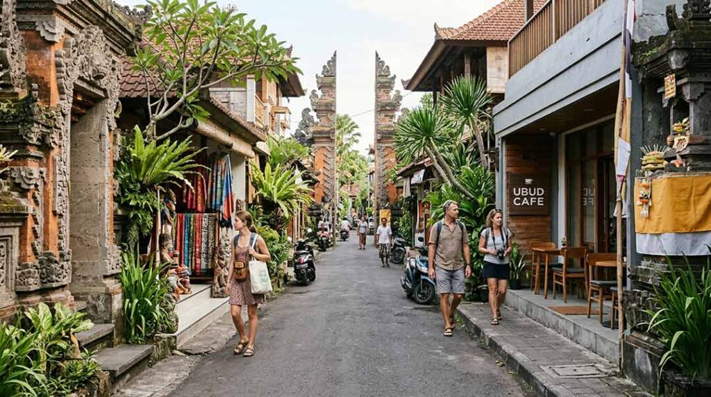 Travelers walking along a street in central Ubud, Bali, past traditional stone gateways, local shops, and open-air cafes.
