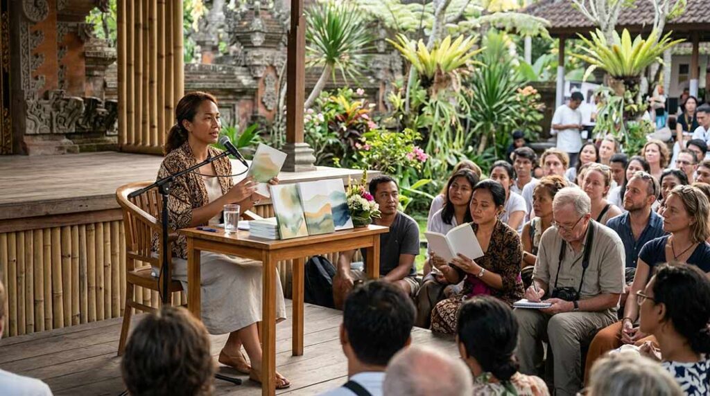 An Indonesian female author speaking into a microphone at a wooden desk while presenting a book to an engaged audience outdoors in Bali.