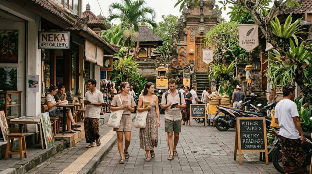Tourists walk past traditional Balinese architecture and event signage during the Ubud Writers & Readers Festival