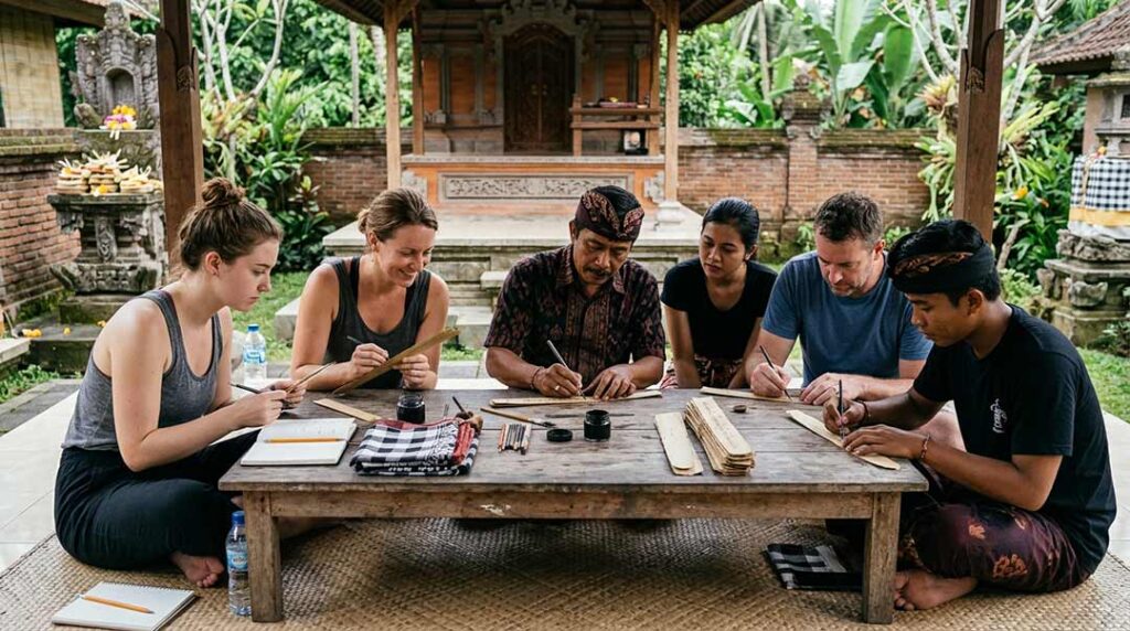 Tourists and a Balinese instructor participating in a traditional lontar manuscript writing workshop at the Ubud Writers & Readers Festival