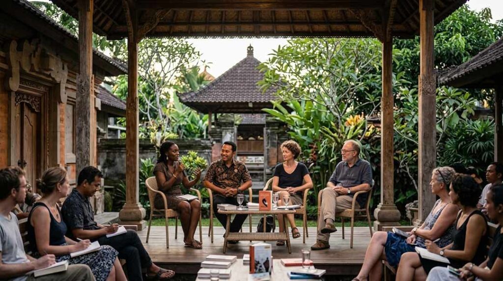 Panel speakers and engaged audience gathered under a traditional pavilion at the Ubud Writers & Readers Festival